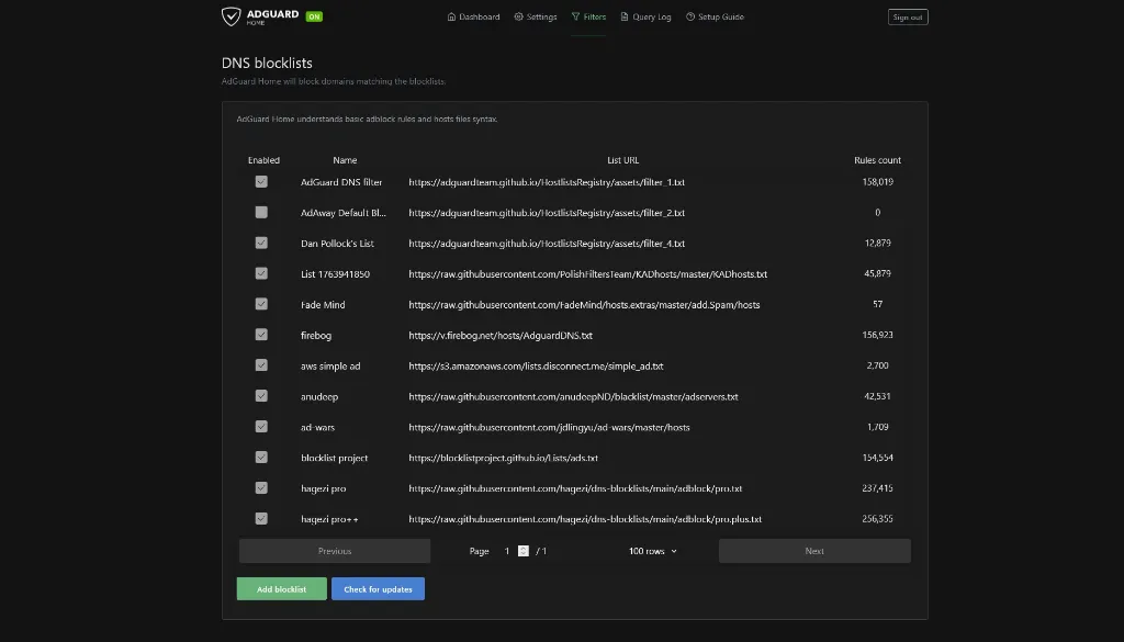 AdGuard Home DNS blocklists page